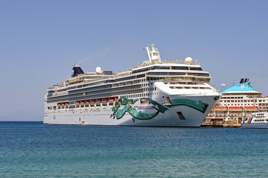 Rhodes, Greece - May 2022: Norwegian Cruise Line cruise ship Norwegian Jade docked in the port of Rhodes