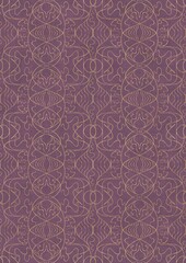 Hand-drawn unique abstract symmetrical seamless gold ornament on a purple background. Paper texture. Digital artwork, A4. (pattern: p02-1e)