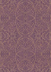 Hand-drawn unique abstract symmetrical seamless gold ornament on a purple background. Paper texture. Digital artwork, A4. (pattern: p02-2d)