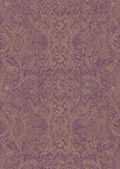 Hand-drawn unique abstract symmetrical seamless gold ornament on a purple background. Paper texture. Digital artwork, A4. (pattern: p04d)