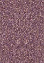 Hand-drawn unique abstract symmetrical seamless gold ornament on a purple background. Paper texture. Digital artwork, A4. (pattern: p08-2d)