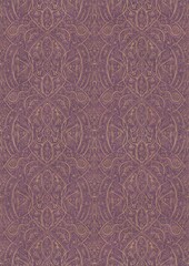 Hand-drawn unique abstract symmetrical seamless gold ornament on a purple background. Paper texture. Digital artwork, A4. (pattern: p08-2e)