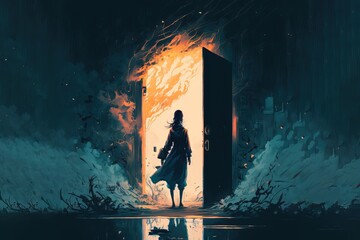 woman standing in a dark place and opening a door to the fantasy world. fantasy scenery. concept art
