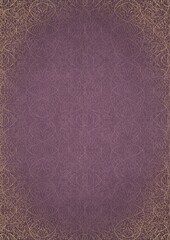 Hand-drawn abstract ornament. Light semi transparent pink on a purple back, with vignette of same pattern and sparks in golden glitter on a darker color. Paper texture. A4. (pattern: p02-2e)