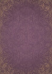 Hand-drawn abstract ornament. Light semi transparent pink on a purple back, with vignette of same pattern and sparks in golden glitter on a darker color. Paper texture. A4. (pattern: p03d)
