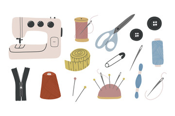 Set of objects for sewing,needlework,embroidery.Sewing machine,buttons, iron,spools of thread, scissors, needles in needle bar, meter, thimble, pin,zipper