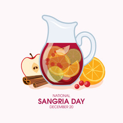 National Sangria Day vector. Pitcher of red sangria drawing. Sangria drink with cranberries and fruit still life vector. December 20. Important day