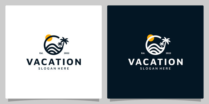 Vacation logo design template with Tropical beach and palm tree design vector illustration. icon, symbol, creative.