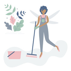 Cleaning lady is Afro woman or girl like fairy with wings with brush and bucket.Cute maid of beautiful leaves.Raster illustration.Advertising of cleaning services,cleaning company logo,flyers,flyers