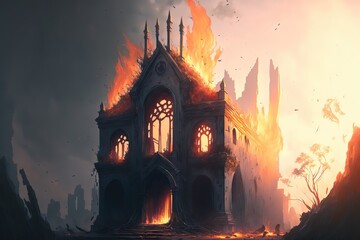 Fototapeta na wymiar Firing in a ruined building. Fantasy scenery. Concept Art. Illustration. CG Artwork.