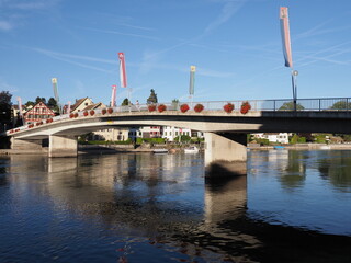 Fototapeta na wymiar Road bridge over Rhine River in STEIN am RHEIN town in SWITZERLAND
