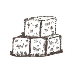 Hay bales sketch style. Hand drawn pile, heap or stack, straw in square, dry grass, farm fodder. Village and countryside elements. Haystack vector isolated illustration © Mariya