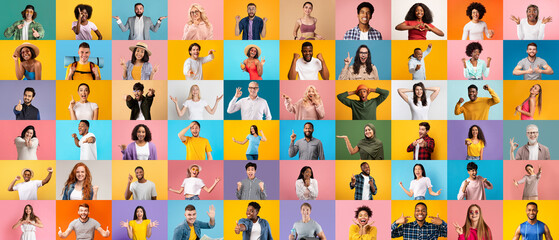 Collage Of Different Happy People Portraits Over Bright Studio Backgrounds