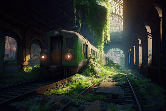 AI generated image of an abandoned train in a ruined train station in a post-apocalyptic city of the future 
