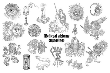 Set of gothic alchemical occult astrological motifs. Medieval engraving style. Sun, moon, heraldic lion, eagle, unicorn, snake, fantasy beasts, ornamental elements, candle, hourglass, masonic symbols. - obrazy, fototapety, plakaty