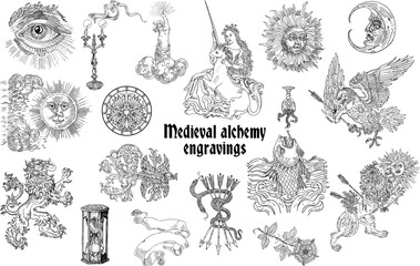 Set of gothic alchemical occult astrological motifs. Medieval engraving style. Sun, moon, heraldic lion, eagle, unicorn, snake, fantasy beasts, ornamental elements, candle, hourglass, masonic symbols. © Natalia