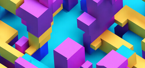 A colorful blue, purple and yellow cubic abstract background. Backdrop with copy space, graphic elements for design layout. perfect for presentation, compositions, video and print.