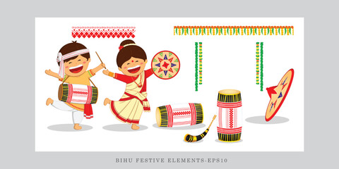 Obraz premium Vector illustration of Happy Bihu Assamese New Year Harvest festival elements