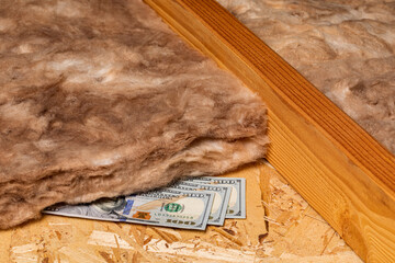 Fiberglass insulation in attic of house with cash money. Home energy savings, heating and cooling...