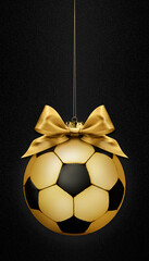 merry Christmas gift greeting card with golden soccer ball and bright satin ribbon bow, on black...