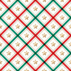 Cute Merry Christmas Star Red Green Christmas Tree Make A Wish Line Diagonal Stripe Striped Line Tilt Checkered Plaid Tartan Buffalo Scott Gingham Background Seamless Pattern for Christmas Festival