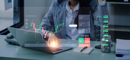 planning analyze indicator and strategy buy and sell, Stock market, Business growth, progress or success concept. Businessman or trader is pointing a growing virtual hologram stock, invest in trading