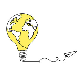 Abstract planet Earth in light bulb and paper plane as line drawing on white as background