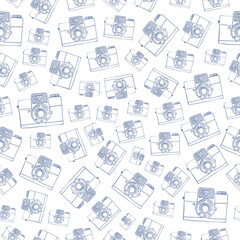 hand drawn vintage camera. blue linear art. seamless pattern on a white background