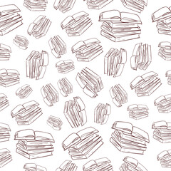 hand drawn collection of old books with one open book. brown linear art. seamless pattern on a white background