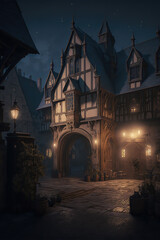 Obraz premium AI generated image of night at the town square of a fantasy medieval town, with cobblestone streets and tall towers