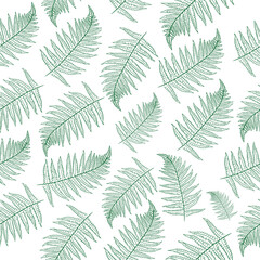 hand drawn fern branch green linear art. seamless pattern on a white background