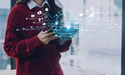Cybersecurity and privacy concepts to protect data. Lock icon and internet network security technology. Businessman protecting personal data on smart phone with virtual screen interfaces.