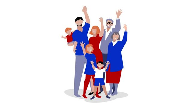 Happy big family waving. 2d, animation, cartoon, illustration, sketch, clip art, vector. Web page banner colorful. Time lapse.