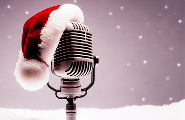 Microphone with Santa hat and decorations on grey table against red background, space for text. Christmas music.illustration.