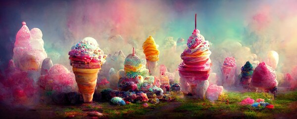 Fantasy colorful sweet magical landscape of ice cream.