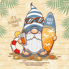 Hello Summer Cute Gnome, Surfboard, Orange Juice, And Lifebuoy. Cartoon Illustration