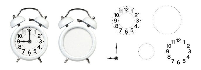 alarm clock without arrows. Empty alarm clock with a set of numbers and arrows. White classic alarm...