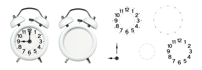 alarm clock without arrows. Empty alarm clock with a set of numbers and arrows. White classic alarm clock on a white background without arrows and numbers, space to insert text or copy.