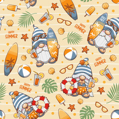 Seamless Pattern Happy Summer With Gnome. Cute Cartoon Illustration