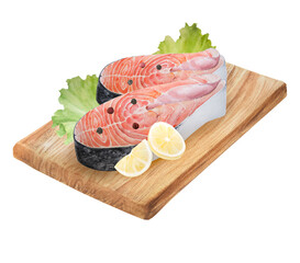 Watercolor illustration of salmon steak, lemon on wooden cutting board isolated on white background