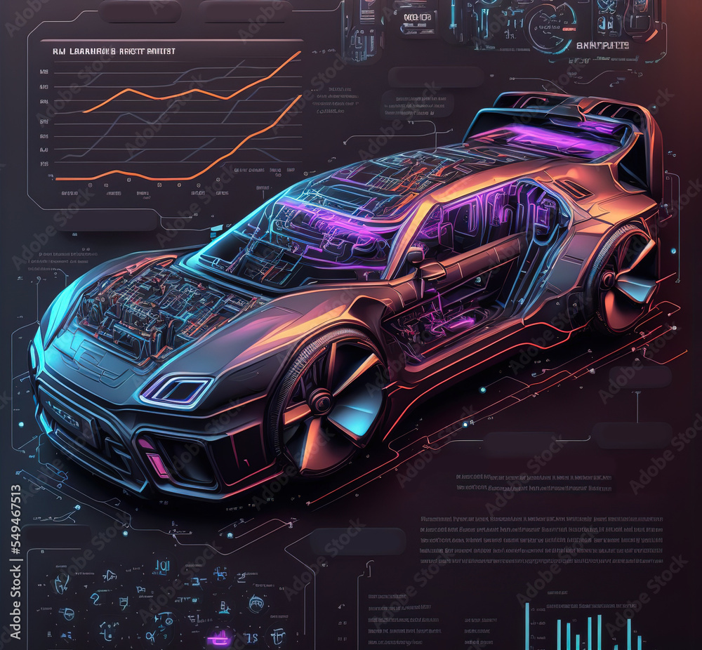 Poster futuristic car service, scanning and auto data analysis in hud style, ai. future car ai