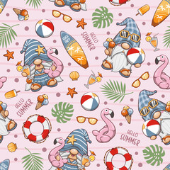 Seamless Pattern Hello Summer With Cute Gnome On Pink Background