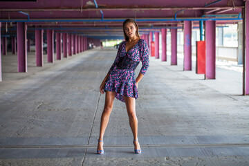 Young beautiful brunette model in summer dress