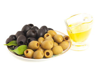 Jug with olive oil, green and black olives isolated on white background