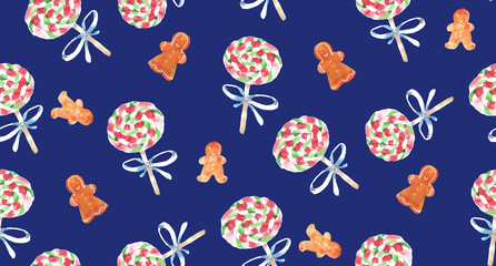 Lolypops, gingerbread cookies seamless pattern illustration design