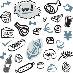 Ensemble de gribouillis - Éléments et objets alimentaires Bouteille Noir et Bleu, Vin et pâtisseries