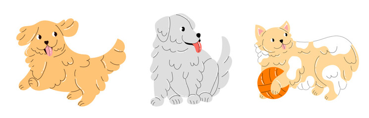 Obraz na płótnie Canvas Cute puppies collection isolated on white background. Adorable fluffy little dogs running , playing with ball, sitting and smiling. Happy funny pet. Flat style minimalist vector illustration.