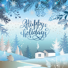 Winter holiday square blue background with lettering inscription Happy Holidays. Postcard template with winter forest and space for text.