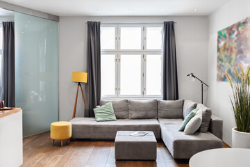 Living Room Interior Background With Stylish Comfortable Couch And Big Window