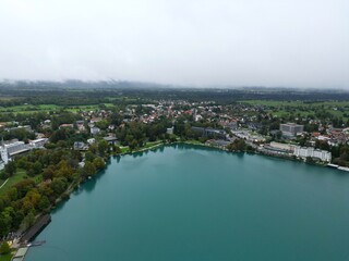 Fototapeta na wymiar Bled town Slovenia drone aerial view.